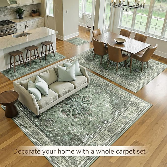 Area Rugs 2'x8' Washable Non-Slip, Floral Vintage Distress Print Pattern Medallion Carpet for Living Room Bedroom Dining Room, Dark Green Gray