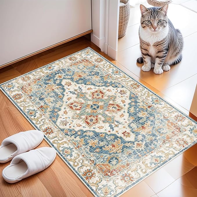 Enkor Area Soft Rugs 2x3 Washable Non Slip Boho Small Floor Entryway Rugs for Hallway, Vintage Style Farmhouse Mat for Kitchen Orange & Blue