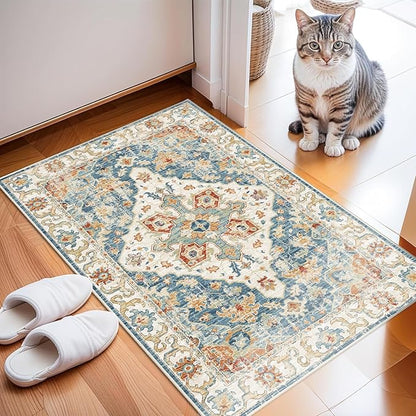 Enkor Area Soft Rugs 2x3 Washable Non Slip Boho Small Floor Entryway Rugs for Hallway, Vintage Style Farmhouse Mat for Kitchen Orange & Blue