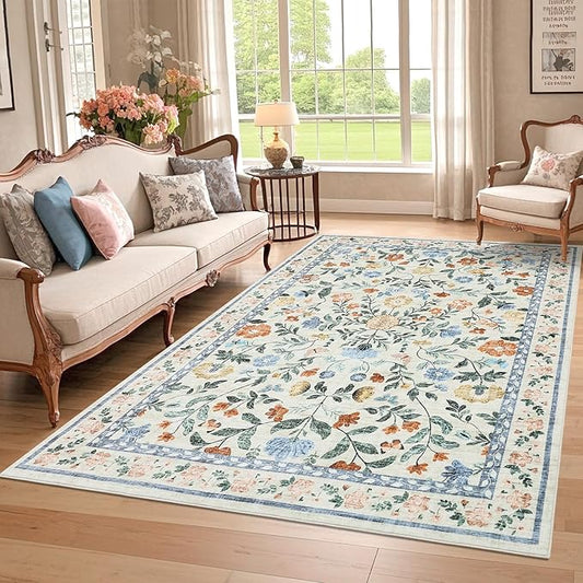 GarveeHome Washable Rug 6 x 9, Low Pile Farmhouse Floral Rug, Non-Shedding Indoor Foldable Printed Carpet Non-Slip Soft Vintage Throw for Bedroom Dining Room Kitchen, Green