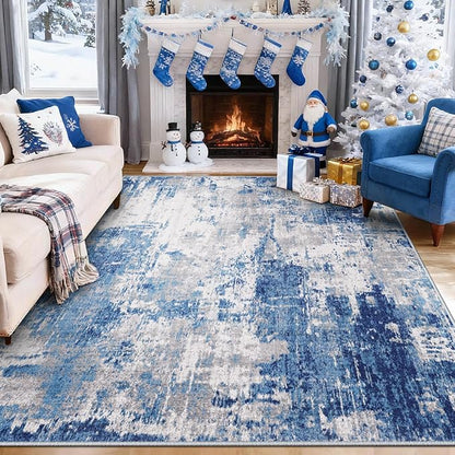 Washable Area Rugs 8'x10' Non-Slip Modern Abstract Soft for Living Room Entryway Bedroom Nursery, Print Pattern, Blue Grey Navy Gray