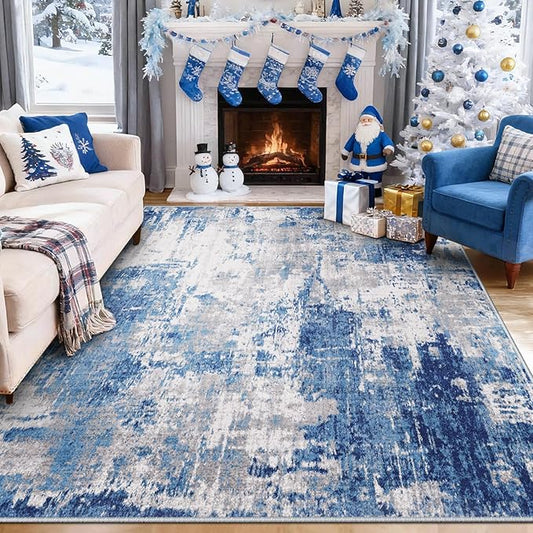 Washable Area Rugs 8'x10' Non-Slip Modern Abstract Soft for Living Room Entryway Bedroom Nursery, Print Pattern, Blue Grey Navy Gray