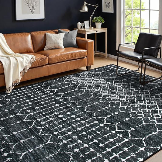 Lahome Moroccan Black Area Rugs 8x10 Living Room Non-Slip Backing Ultra-Thin Large Rug Throw Stain Resistant Dining Room Rugs for Under Table, Geometric Print Modren Soft Rug for Bedroom Office