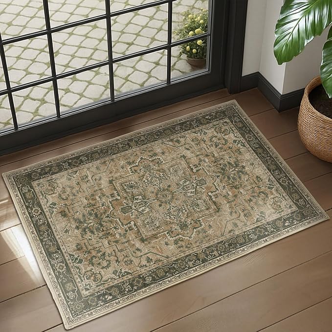 Vintage Distressed 2x3 Kitchen Rugs Washable Non Slip, Moody Medallion Door Mat Indoor Entrance Entryway, Small Low Pile Rugs for Bedroom/Bathroom Vanity/Laundry Room, Multi Brown/Slate Green