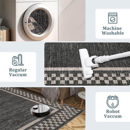 GarveeHome 4x6 Rug Small Washable Living Room Rug Modern Bordered Area Rugs with Rubber Backing Soft Non Slip Low Pile Dining Room Throw Carpet Checkered Geometric Mats for Bedroom Kitchen, Black