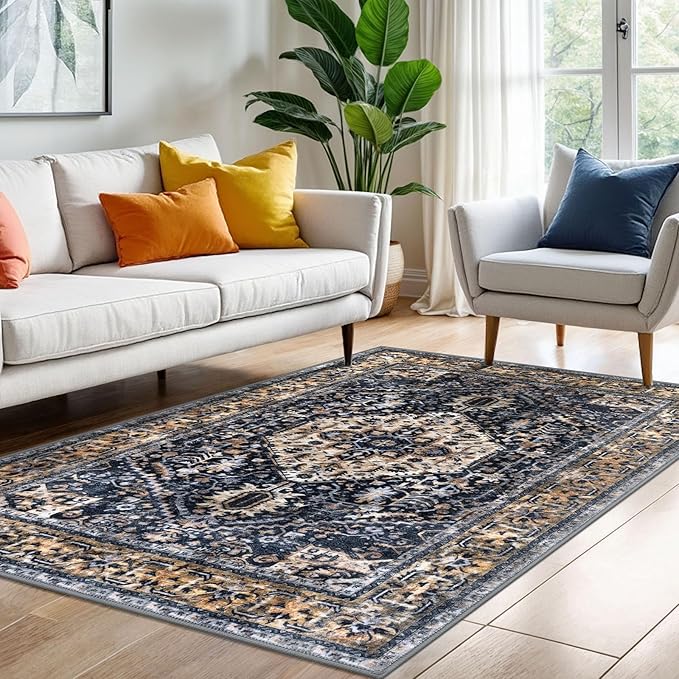 KOZYFLY Boho Area Rug 4x6 Ft Rugs for Entryway Washable Entry Rug Non Slip Rugs for Living Room Gold Navy Printed Faux Wool Vintage Bedroom Throw Rug for Entrance Kitchen Living Room
