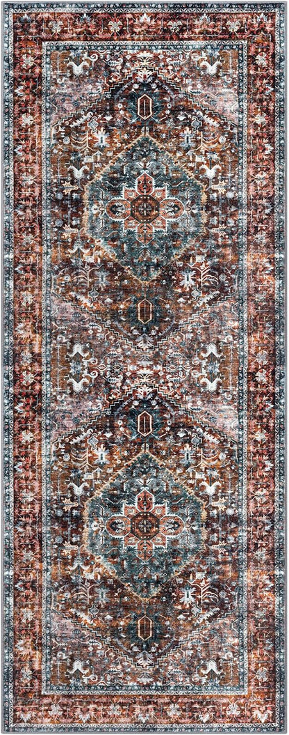 KOZYFLY Runners for Hallways 2x5 Ft Washable Kitchen Runner Rug Boho Runner Rug for Entryway Indoor Printed Oriental Faux Wool Floor Carpet Runner for Laundry Room Kitchen Hall, Brick Red/Orange/Green