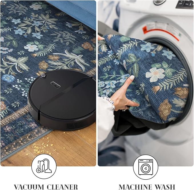 Boho Floral Machine Washable Runner Rug 2x6, Navy Kitchen Runner Rug Non-Slip, Super Thin Hallway Rug Runner Printed Faux Wool Soft Carpet for Entryway Bedroom Laundry Room Indoor