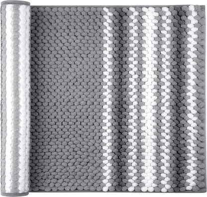 PiccoCasa Chenille Bathroom Rug, Soft Fluffy Absorbent Bath Mat, Medium Pile Striped Carpet Washable Non Slip Bathroom Floor Mats(20"x32",Dark Gray & White)