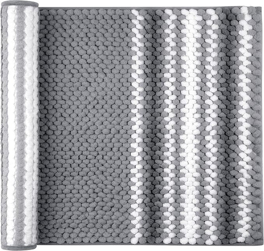 PiccoCasa Chenille Bathroom Rug, Soft Fluffy Absorbent Bath Mat, Medium Pile Striped Carpet Washable Non Slip Bathroom Floor Mats(20"x32",Dark Gray & White)