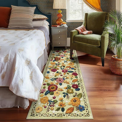 2x6 Machine Washable Runner Rug, Kitchen Hallway Area Rug Green Vintage Boho Floral Ultra Non-Slip Low Pile Soft Faux Wool Carpet, Kids and Pets Friendly for Bedroom Entryway Nursery Home Decor Rug