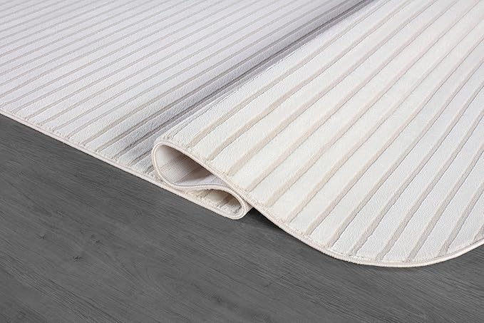 Beverly Rug Modern Geometric Area Rug 8x10 Low-High Pile Durable Soft Abstract Striped Indoor Rugs for Living Dining Room Office Stain Resistant Non Shedding Casual Indoor Carpet Beige White 8 x 10