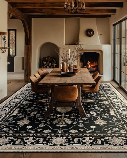 Area Rugs 9'x12' Washable Non-Slip, Floral Vintage Distress Print Pattern Medallion Carpet for Living Room Bedroom Dining Room, Black Brown Neutral Dark Tan