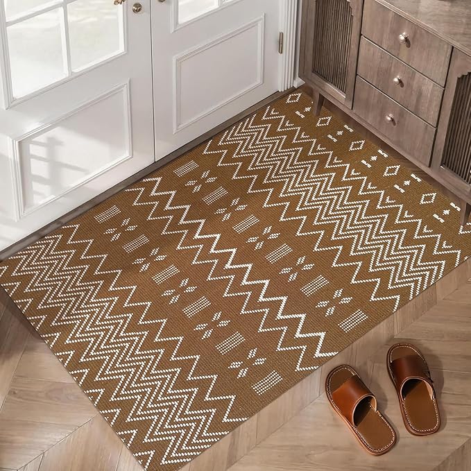 Indoor Door Mat 2x3 Washable Rug,Braided Area Rug,Front Door Mat with Non Slip Rubber Backed,Cotton Doormat for Front Entryway Bathroom Kitchen Bedroom,Brown/White