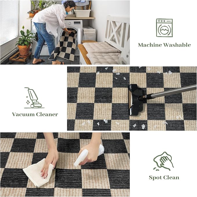 Machine Washable 5x7 Area Rugs for Living Room Checkered, Non Slip Soft Low Pile Farmhouse Geometric Modern Neutral Playroom Boys Rugs for Bedroom, Large Carpet Rugs for Dining Room(Black,5'x7')