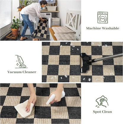 LIVEBOX Washable Runner Rug Checkered, 2x6 Black Runner Rugs for Hallway, Non-Slip Kitchen Runners, Farmhouse Neutral Classic Geometric for Hallways, Entryway, Bedroom, Bathroom(Black 2'x6')
