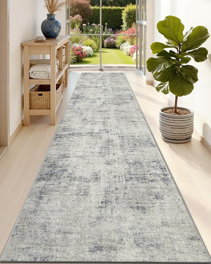 DEXI Hallway Runner Rug 3x12, Modern Abstract Non Slip Thin Soft Runners Carpet, Stain Resistant Washable Indoor Rug for Hallway Entryway Kitchen Laundry Room Living Room, Blue