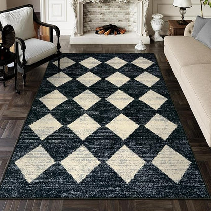 Lahome Moroccan Trellis Area Rug - 5x7 Black Washable Large Rugs for Bedroom Living Room Mat, Checkered Soft Non Slip Stain Resistance Indoor Accent Carpet for Dining Room Coffee Table