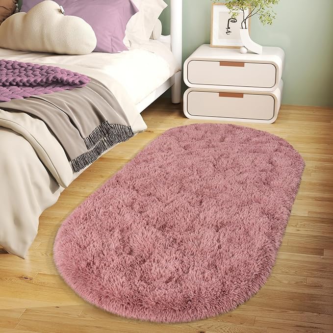 Soft Fluffy Rugs for Bedroom, Blush Pink Fuzzy Shaggy Oval Bedside Area Rug Set of 2, Non-Slip Cozy Plush Shag Carpet for Kids Room Nursery Dorm Living Room, 2.6 x 5.3 Feet