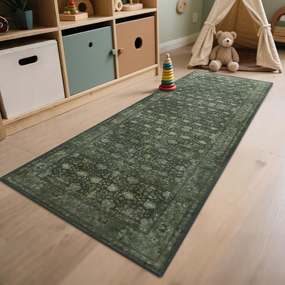 2'6x8' Washable Runner Rug for Hallway, Non Slip Vintage Floral Long Carpet Runners for Entryway, Kitchen, Bathroom, Bedroom, Low Pile Laundry Rugs Rubber Backing (Distressed Green)