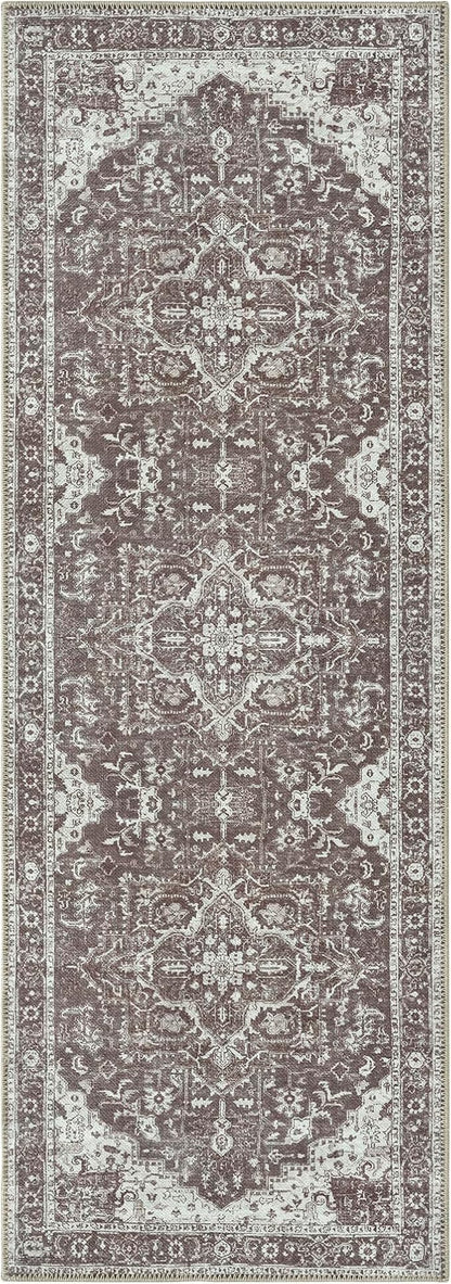 Bloom Rugs Washable Non-Slip 12 ft Runner - Dark Brown Traditional Medallion Runner for Entryway, Hallway, Bathroom, and Kitchen - Exact Size: 2.5' x 12'