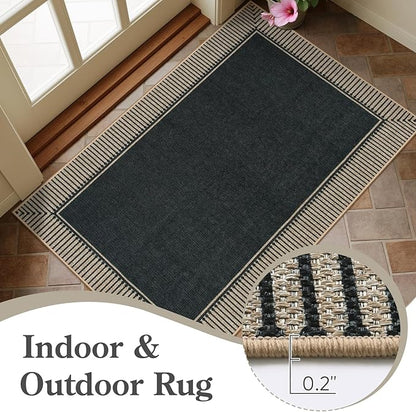 Moynesa Striped Border Easy Jute Outdoor Patio Rug 3x5, Washable Entryway Rug Non Slip with Rubber Backing, Farmhouse Modern Carpet for Backyard Bedroom Living Room Kitchen, Black