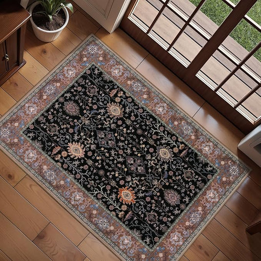 Ciicool Small Area Rug, 2x3ft Boho Black Rug, Ultra Soft Entry Rugs for Entryway, Non-Slip Washable Rugs Oriental Low-Pile Indoor Mat Floor Carpet for Entrance Bedroom Kitchen Bathroom Foyer Decor