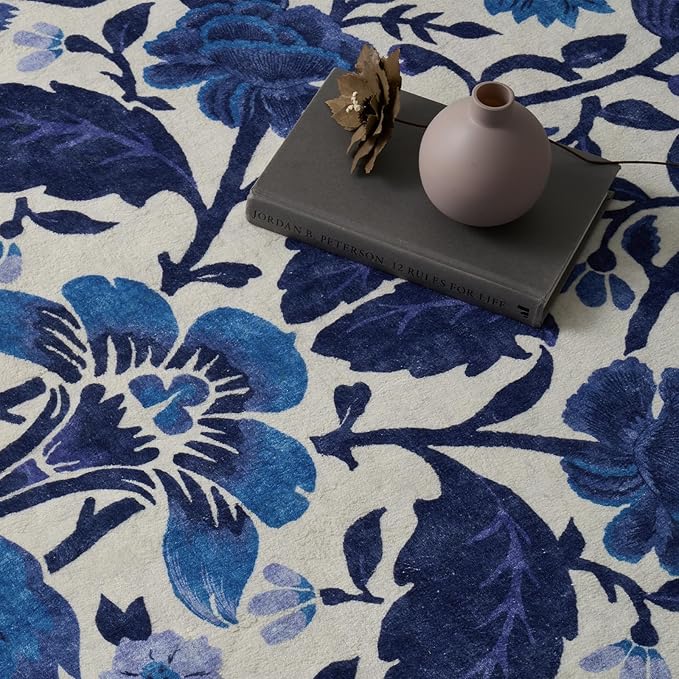 EVERGRACE Area Rugs for Living Room 6x9, Boho Floral Faux Wool Indoor Outdoor Rugs, Washable Rugs for Bedroom Dining Room Entryway Kitchen, Low Pile Floor Mat Carpet for Home Decor, Celtic Blue
