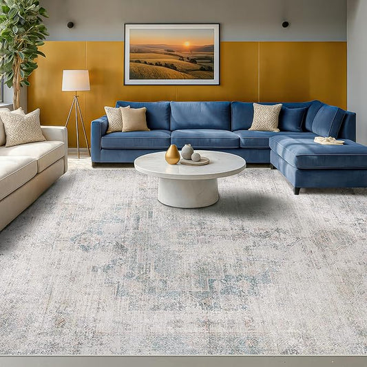 Washable Abstract Modern Area Rug 9x12 for Living Room, Bedroom, Dining Room, Home Office, Low Pile Non Slip Ultra Soft Stain Resistant, Distressed Medallion Decor, Light Blue