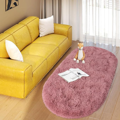 Soft Fluffy Area Rug for Bedroom, Blush Pink Fuzzy Shaggy Oval Throw Rugs for Bedside, Non-Slip Cozy Plush Shag Carpet for Girls Kids Room Nursery Dorm Living Room, 2.6 x 5.3 Feet