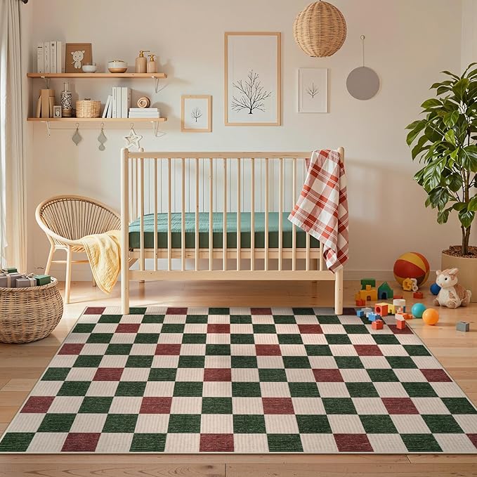 Machine Washable 5x7 Area Rugs for Living Room Clearance Checkered, Non Slip Low Pile Farmhouse Modern Neutral Playroom Boys Rugs for Bedroom, Carpet Rugs for Dining Room(Red,5'x7')
