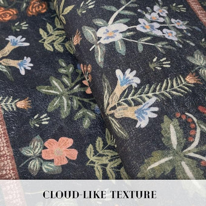 Boho Floral Machine Washable Runner Rug 2x6, Black Navy Kitchen Runner Rug Non-Slip, Super Thin Hallway Rug Runner Printed Faux Wool Soft Carpet for Entryway Bedroom Laundry Room Indoor