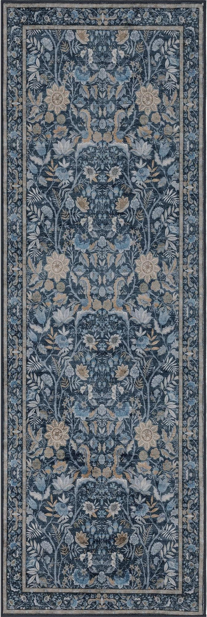 Washable Runner Rug 2x6: Vintage Boho Floral Carpet Runners for Hallway Entryway Non-Slip - Soft Botanical Low Pile Thin Mat for Kitchen Bathroom Bedroom Laundry Floor Decor - Slate Blue
