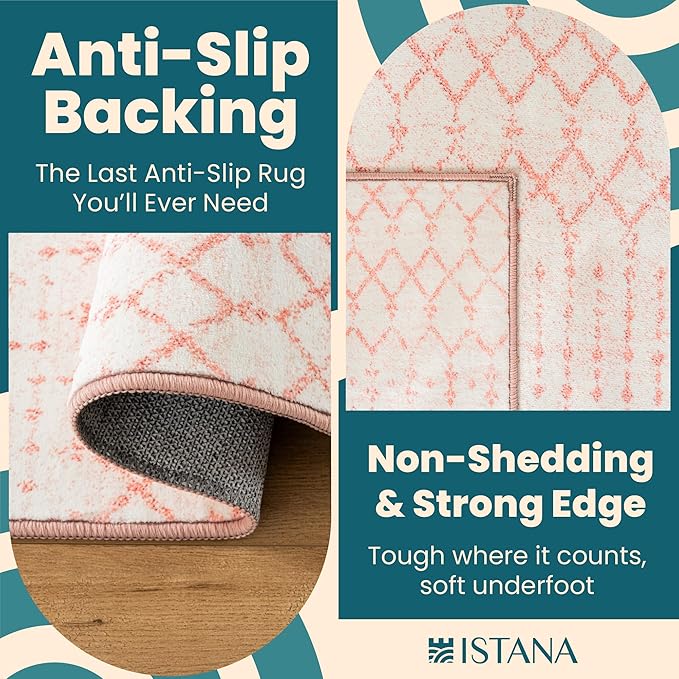 Istana Living Room Rug 10x14 - Pink 10 x 14 Area Rug - Foldable Machine Washable Area Rugs 10x14 - Stylish 10x14 Area Rugs Boho - Stain Resistant Washable Rug 10x14