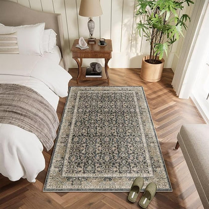 Washable 2x3 Entryway Rug, Boho Non-Slip Door Mat Vintage Distress Small Rugs for Kitchen Nursery Office Bedroom, 0.3" Neutral Oriental Throw Carpet with Cushioning Pad, Rust/Multi