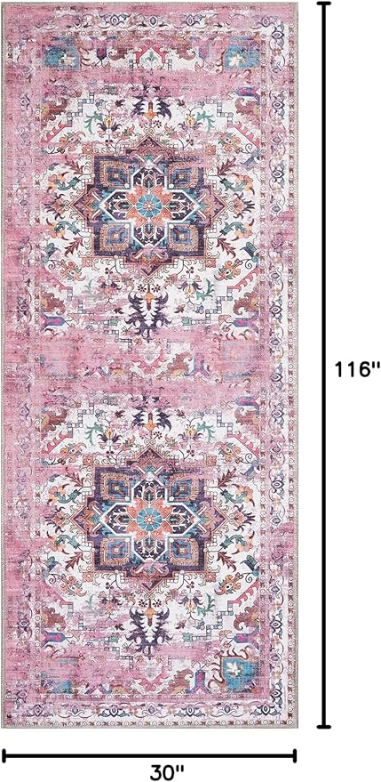 GLN Rugs Traditional Collection - Machine Washable Area Rug, Traditional Washable, Non Slip, Low Pile Chenille Rug, Living Room, Bedroom, Kitchen Rug (2'6" x 10' Pink/Multicolor)