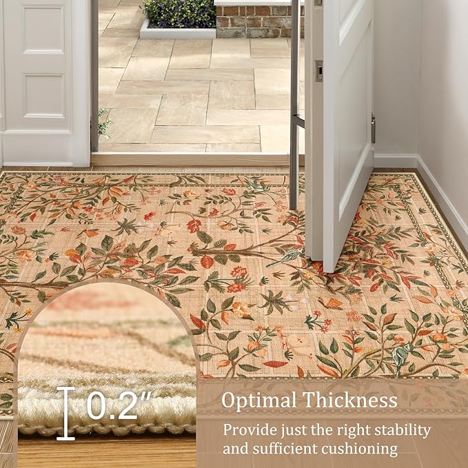 Morebes Machine Washable 5x7 Area Rugs for Living Room, Boho Floral Dining Room Rug Non Slip, Soft Low-Pile Flower Indoor Floor Throw Carpet for Living Room Home Office Playroom Foyer, Brown