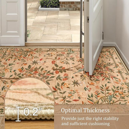 Morebes Boho Kitchen Runner 8 ft, Floral Halway Runner Rugs Non Silp Washable, Soft Low-Pile Flower Botanical Indoor Floor Throw Carpet for Entryway Bedside Bathroom, Brown