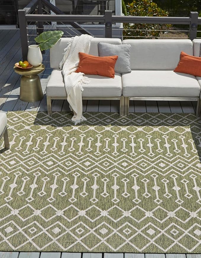 Unique Loom Outdoor Trellis Collection Area Rug - Tribal Trellis (13' Square, Green/ Natural)