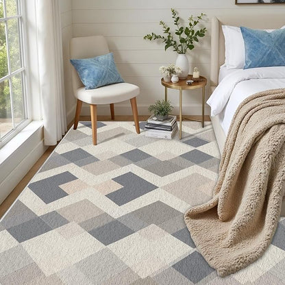 Modern Area Rug Living Room Rugs 5x8, Minimalist Soft Boho Geometric Rug, Non-Slip Washable Low Pile Non Shedding Carpet for Bedroom Office Dining Room Kitchen Nursery, Gray Beige White