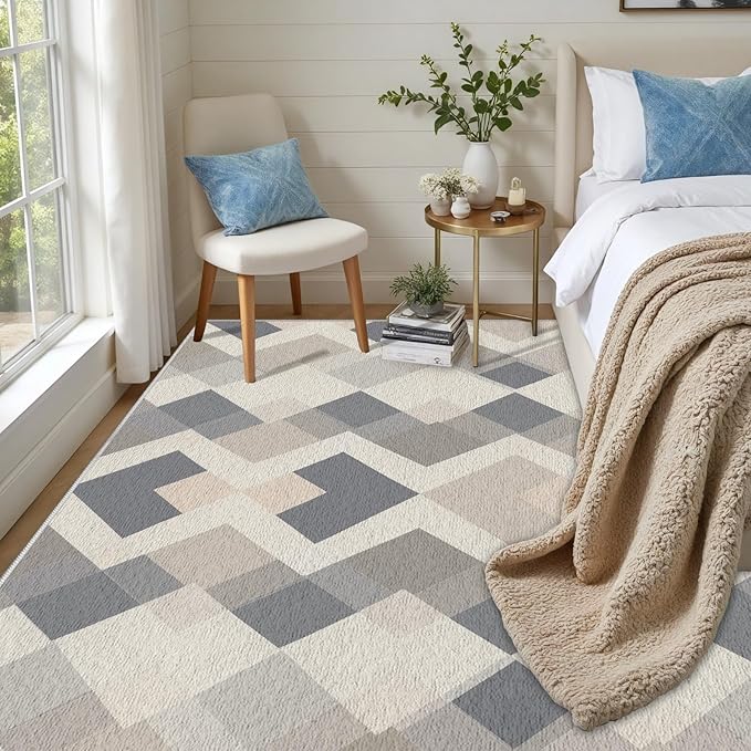 Modern Area Rug Living Room Rugs 6x9, Minimalist Soft Boho Geometric Rug, Non-Slip Washable Low Pile Non Shedding Carpet for Bedroom Office Dining Room Kitchen Nursery, Gray Beige White
