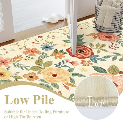 DUKINO 2x6 Runner Rug for Hallway, Washable Kitchen Runner Rug with Non Slip Backing, Low Pile Soft Boho Floral Runner for Kitchen, Hallway, Entryway, Laundry, Bedroom, Beige Yellow