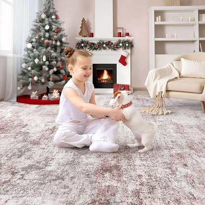 9x12 Area Rug Living Room Rugs - Washable Neutral Modern Abstract Soft Thin Large Rug Indoor Floor No Slip Rug Carpet for Bedroom Under Dining Table Home Office Decor - Pink