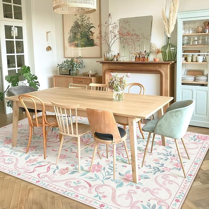 Pink Rug Bow Floral 8x10 Rug, Washable Area Rugs for Bedroom Living Room, Dining Room,Kids Room, Office,Playroom, Boho Modern Aesthetic Farmhouse Decor Non Slip Low Pile Carpet