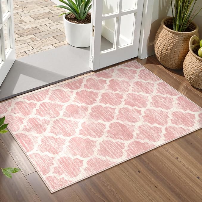 Lahome Moroccan Washable 2x3 Rugs Pink Bathroom Rugs Non-Slip Bathroom Mats,Kitchen Rugs Throw Kids Nursery Rug, Small Soft Girls Dorm Bedside Rug Modern Trellis Carpet for Bedroom Laundry Living Room