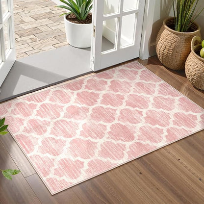 Lahome Moroccan Washable 2x3 Rugs Pink Bathroom Rugs Non-Slip Bathroom Mats,Kitchen Rugs Throw Kids Nursery Rug, Small Soft Girls Dorm Bedside Rug Modern Trellis Carpet for Bedroom Laundry Living Room