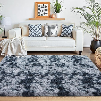 Beglad Fluffy Large Area Rugs 6x9 Feet, Modern Minimalist Style Shag Fuzzy Rugs, Non-Slip Indoor Carpet Soft Rugs for Kids Room, Bedroom & Living Room, Tie-Dyed Dark Blue