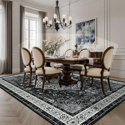 Black 4x6 Rug for Bedroom, Non Slip Washable Area Rugs for Living Room, Distressed Indoor Retro Accent Vintage Carpet for Kitchen, Office, Dining Room, Farmhouse, Kids Room