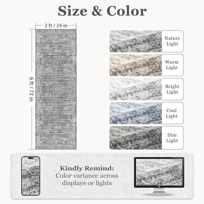 Grey 2x6 Runner Rug for Hallways Entryway, Vintage Neutral Kitchen Bathroom Runner 6ft, Non Slip Washable Low Pile Thin Carpet Runner for Mudroom/Laundry Room/Bedroom Bedside
