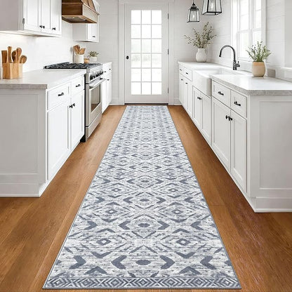 KILOCOCO Hallway Runner Rug 2.6'x18' Washable Printed Moroccan Runner Rugs Non Slip Entryway Rugs Soft Indoor Long Floor Rug for Bedroom Kitchen Living Room Geometric Boho Carpet Runners, Grey White